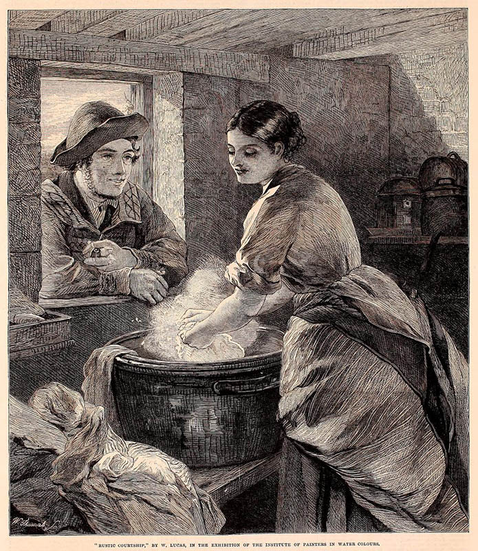 alter Stich: Mann guckt durch Fenster Frau beim Wäsche waschen zu