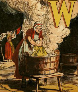 Kinderbuchillustration: Frau kocht Wäsche