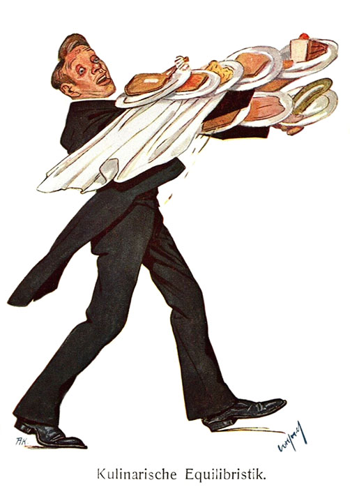 Kellner jongliert viele Teller Essen auf seine Armen